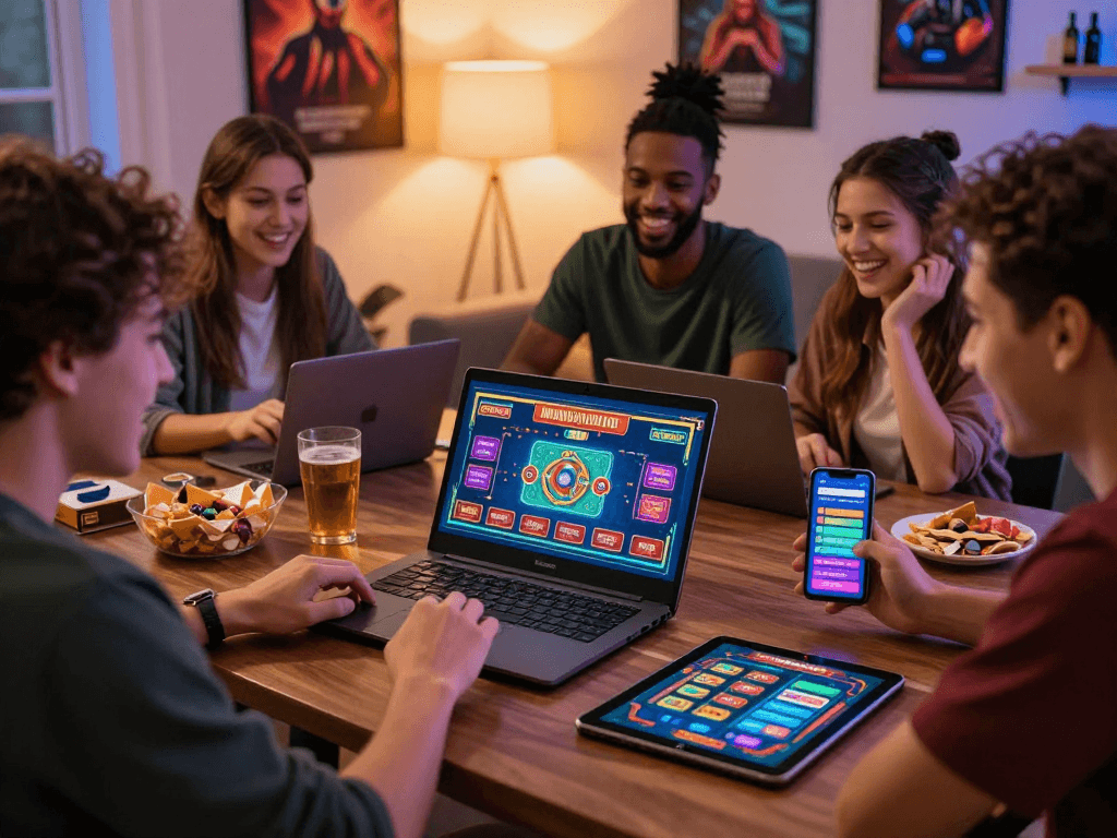 Friends enjoying online gambling in Canada while using a laptop and snacks.