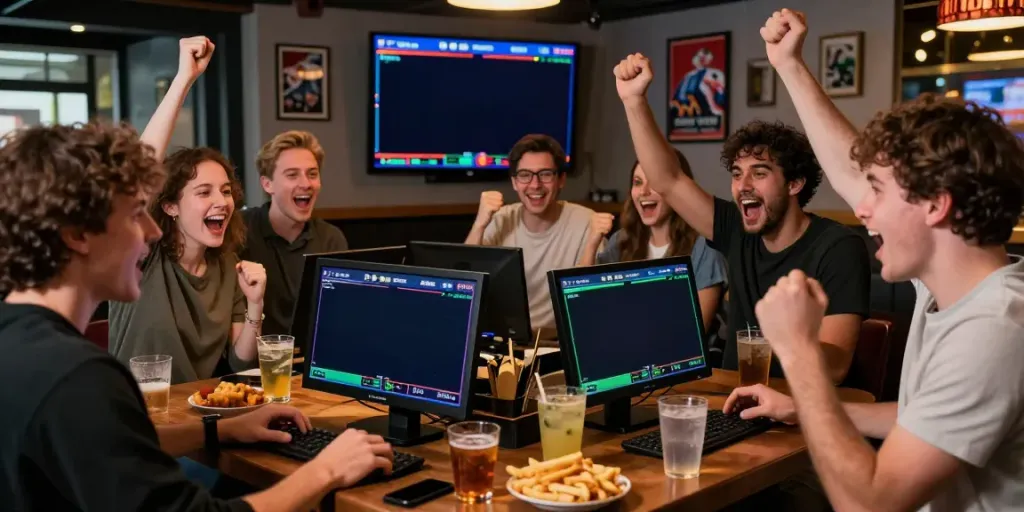 Excited friends engaging in Bitcoin sports betting Canada in a lively bar.