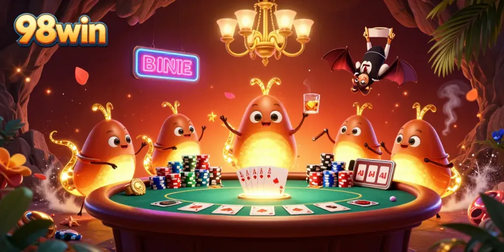 Engage with 98win's immersive casino experience featuring dynamic glowworms and poker elements.