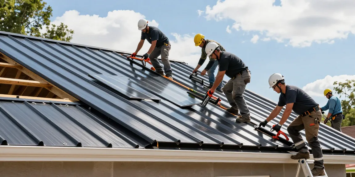 Skilled metal roofing contractors installing new panels on a sunny construction site.