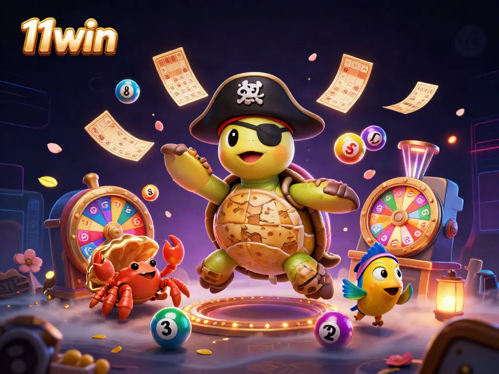 Engage with 11win's vibrant lottery excitement featuring a pirate turtle and colorful game elements.