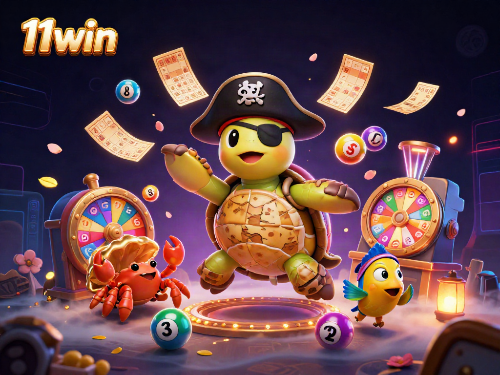 Engage with 11win's vibrant lottery excitement featuring a pirate turtle and colorful game elements.