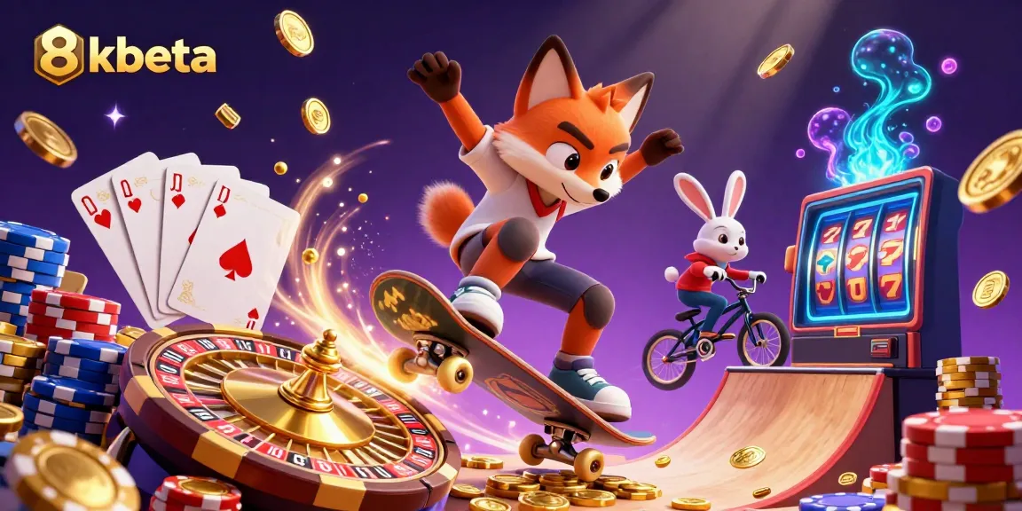 Experience the excitement of 8xbeta with a fox skateboarder and BMX rabbit amid a dynamic casino scene.