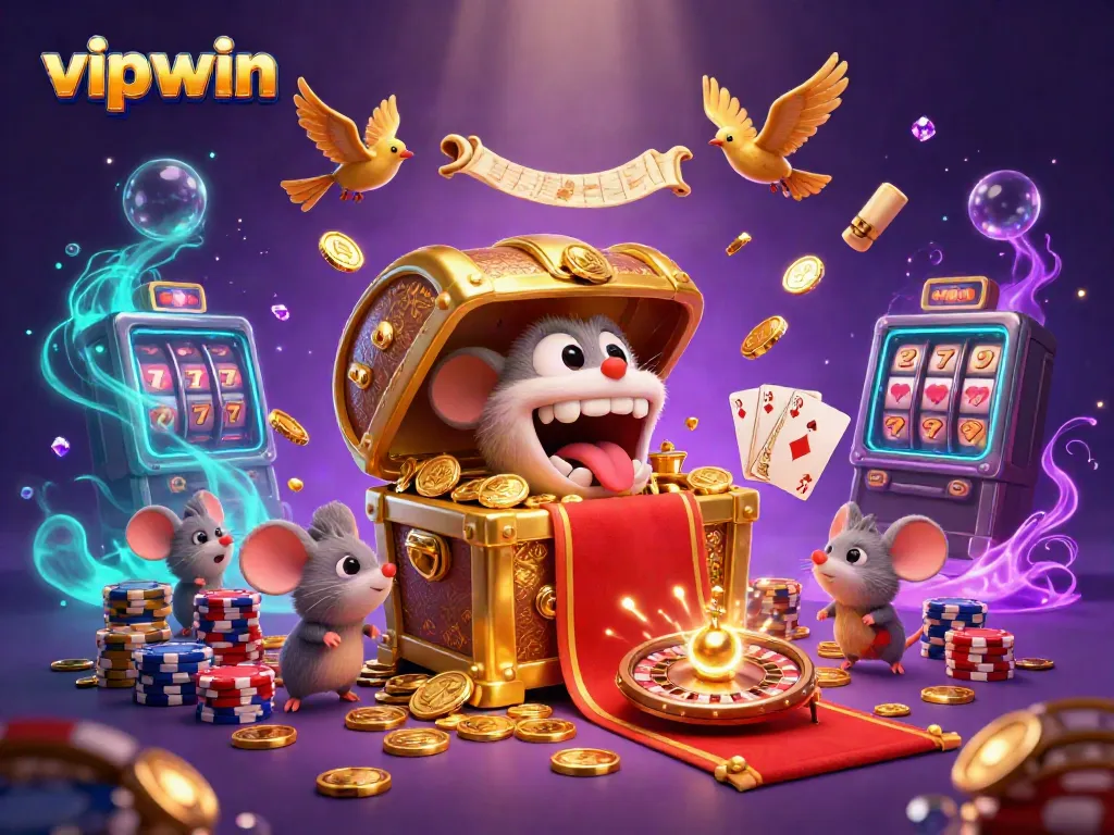 Engage with exciting winnings at vipwin, featuring a golden treasure chest and dynamic casino elements.