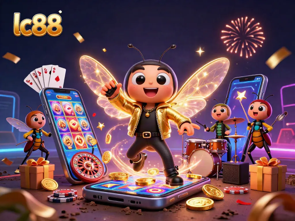 Engage with lc88's thrilling slots featuring a vibrant cicada rock star and beetle drummer in a fun casino scene.