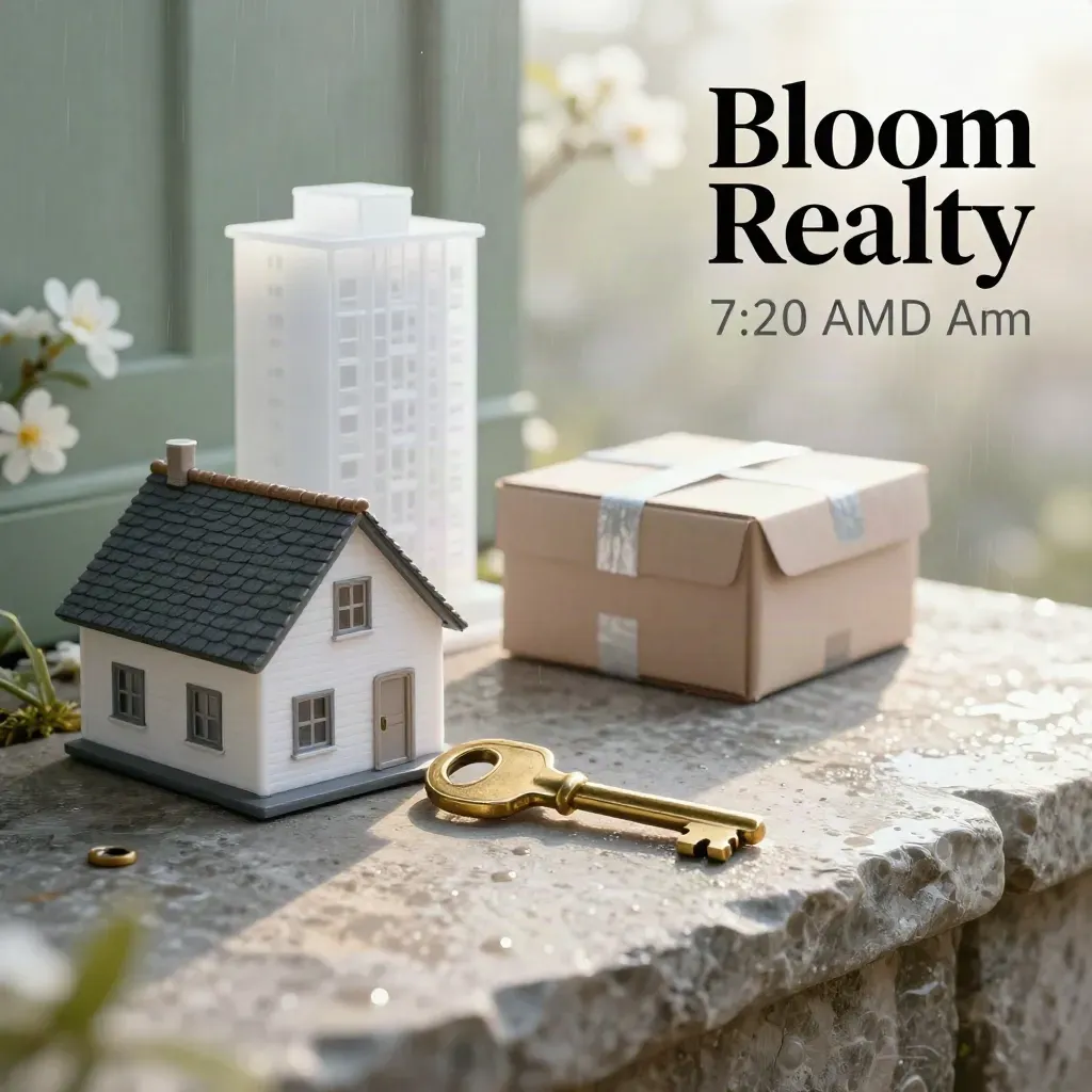 Brass key, miniature house, condo maquette and moving box on a wet stone doorstep at dawn.
