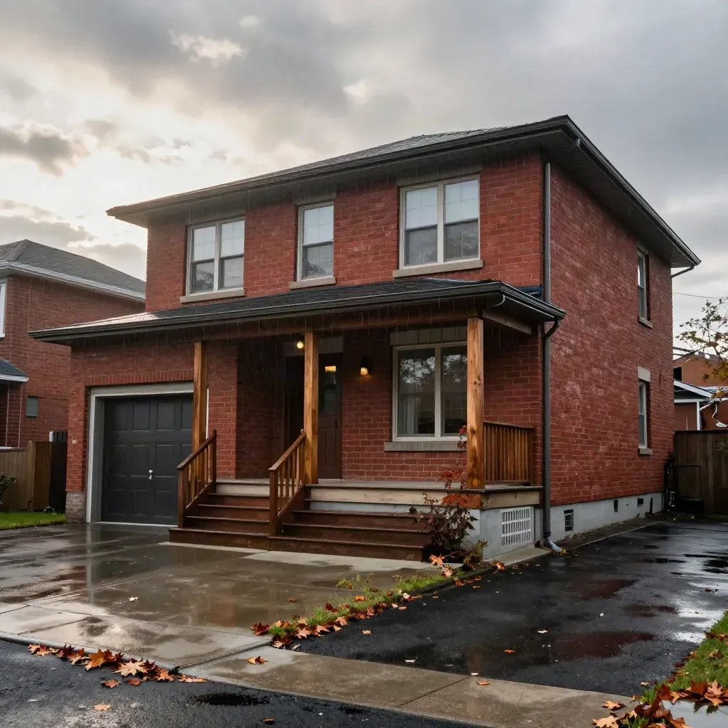 North York detached home with cedar porch, wet leaves, and rain-lit driveway after a storm