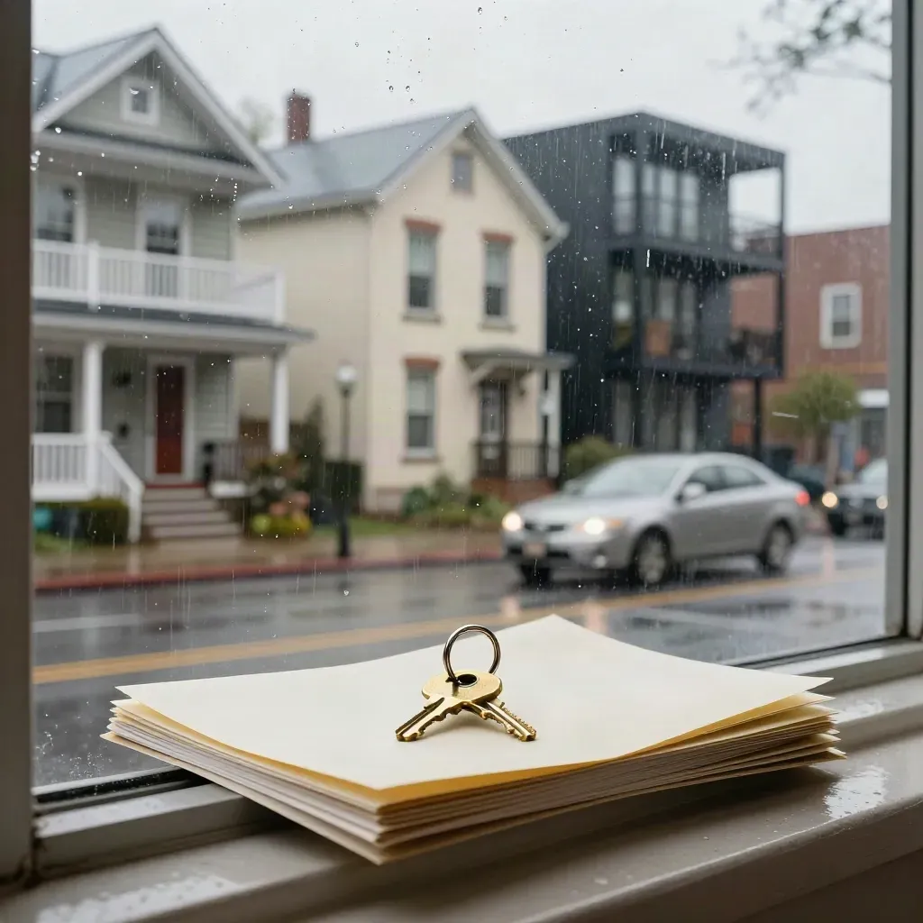 Rainy street reflection of three facades with keys and listing folders