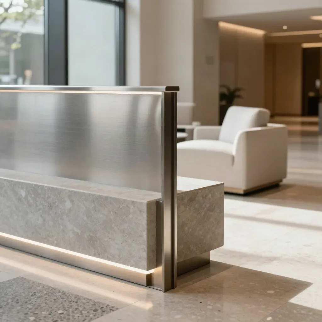 Polished condo lobby corner with stone bench, brushed metal details and soft midday light.