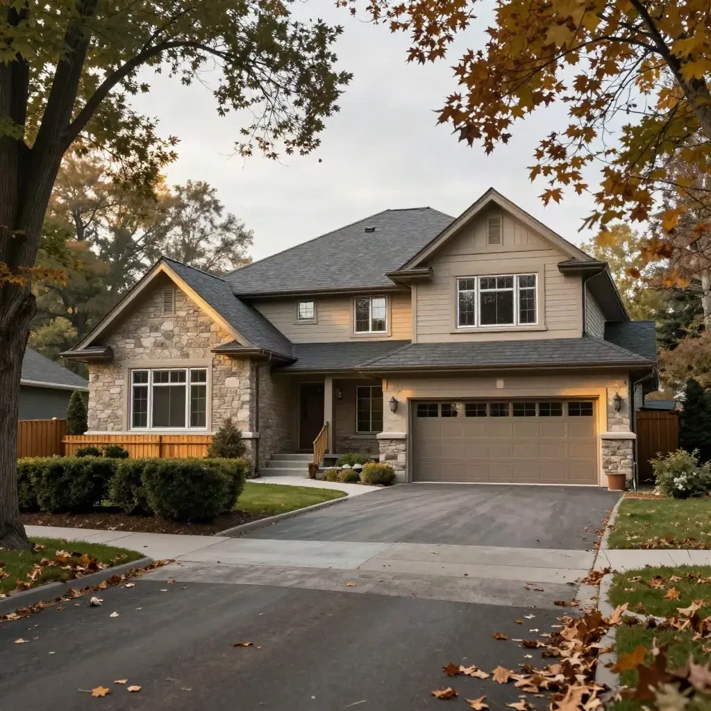 Detached home with fenced yard, rear garage, and leaves blowing across a long driveway