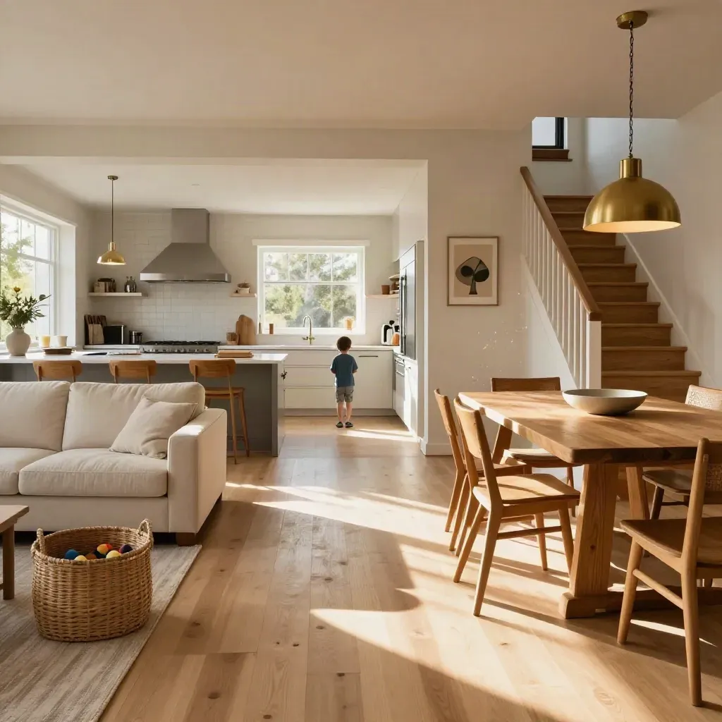 Warm Waterloo family room with toy basket, long dining table, and sunlit open kitchen sightline.