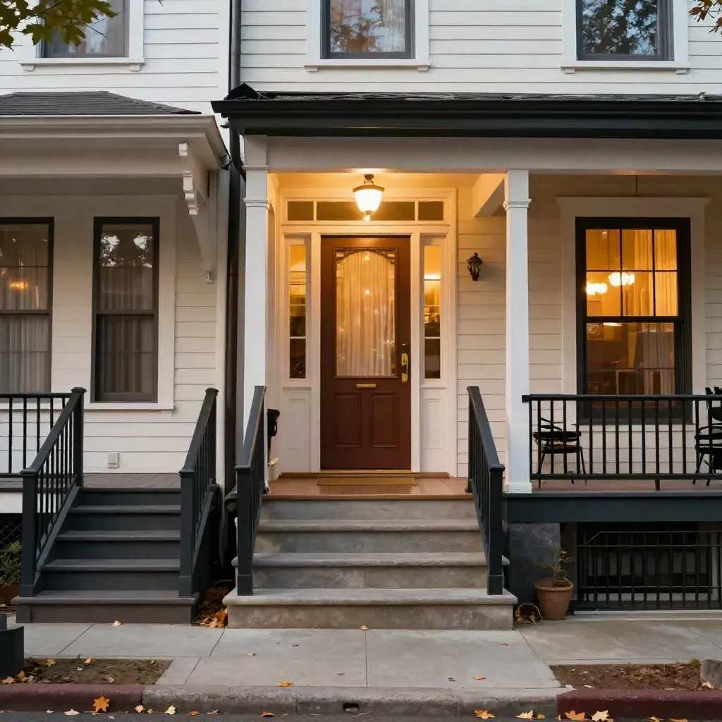 Three lit suburban entryways at blue hour, centered on the middle front door.