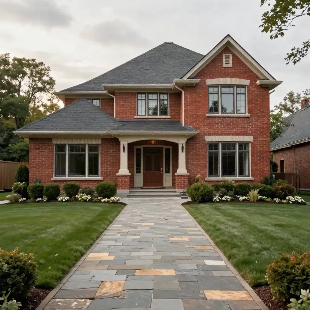 Detached home with crisp brick, repaired stone path, and tidy landscaping in soft overcast light.