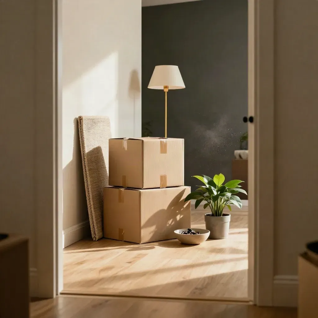 New-home entryway with moving boxes, rug, lamp, keys, and plant in warm evening light.
