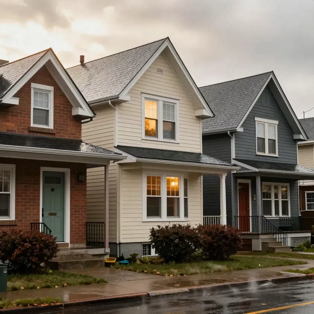 Wet row of three house fronts after rain, one window glowing as sun breaks through clouds.