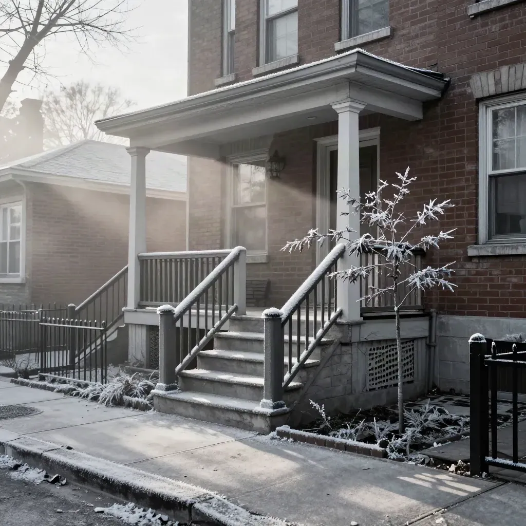 Moody Toronto semi-detached front with frosty steps, narrow porch, and a small maple at dawn.