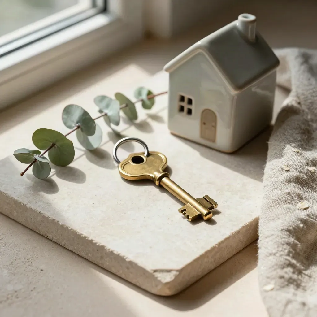 Brass house key with ceramic home, linen cloth and eucalyptus on a stone tray