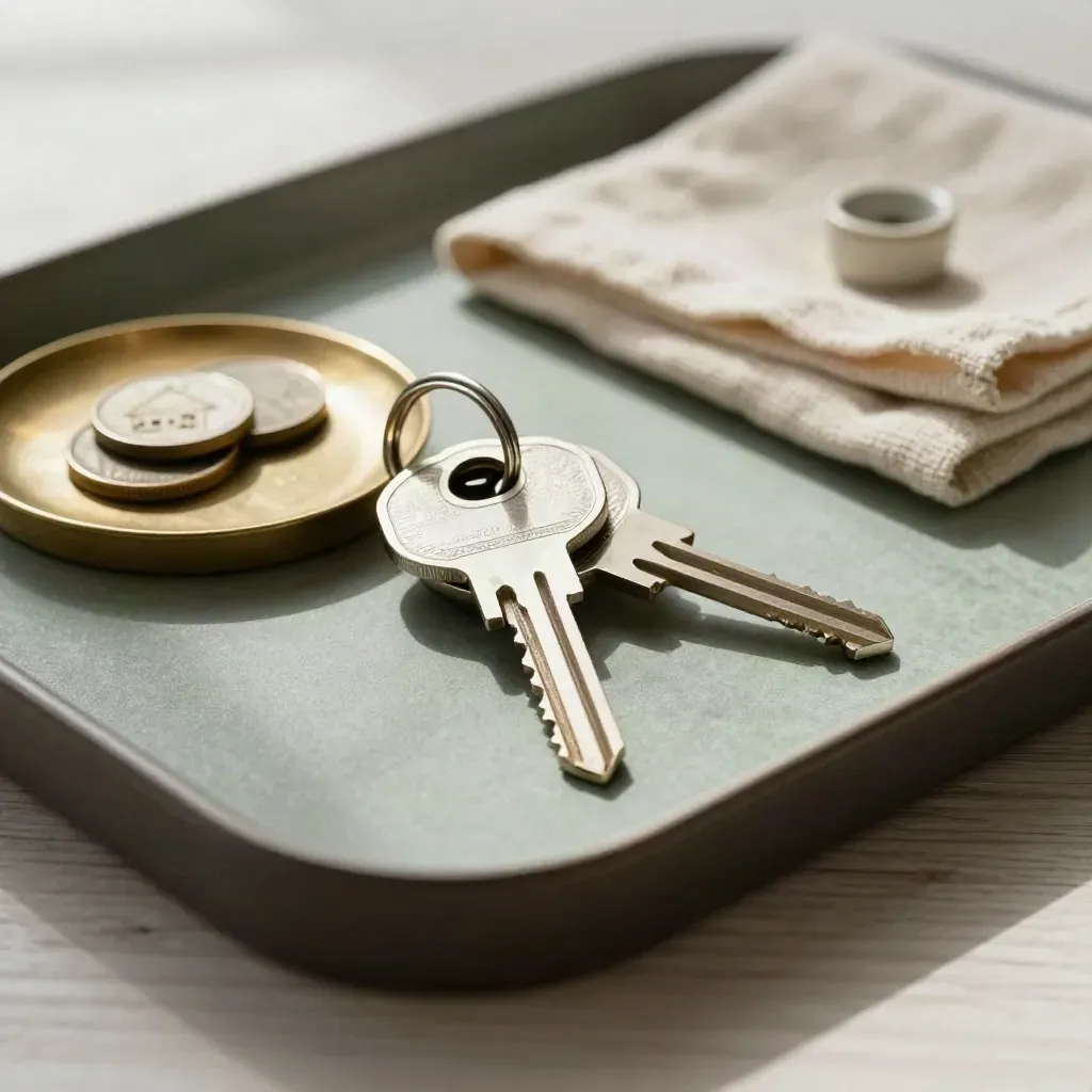 Condo keys, brass dish and stone house tokens on a dark tray with pale wood.