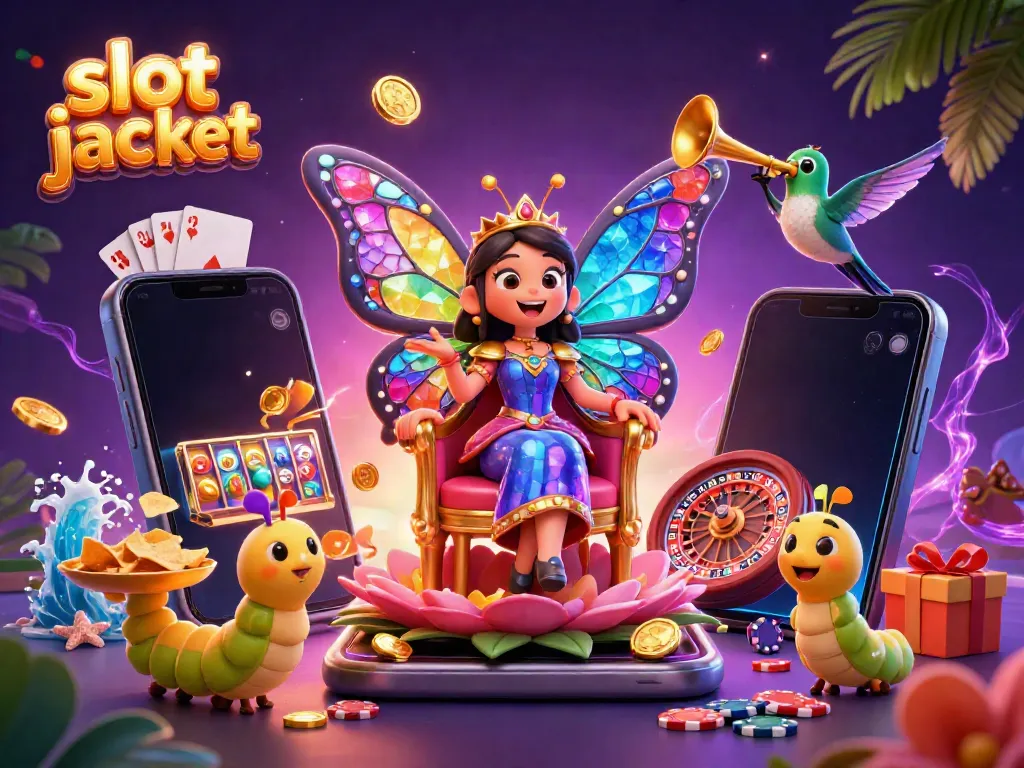 Spin to win with a vibrant scene featuring the slot jackpot amidst illustrated characters and casino elements.