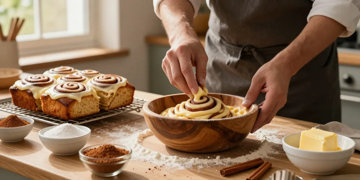 Delicious cinnamon roll cake Calgary freshly baked with cream cheese frosting in a rustic kitchen.