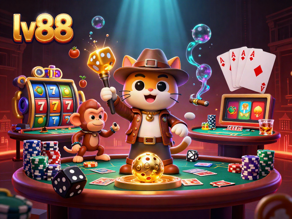 Experience an exciting casino adventure with lv88 featuring an explorer cat and a monkey discovering treasures.