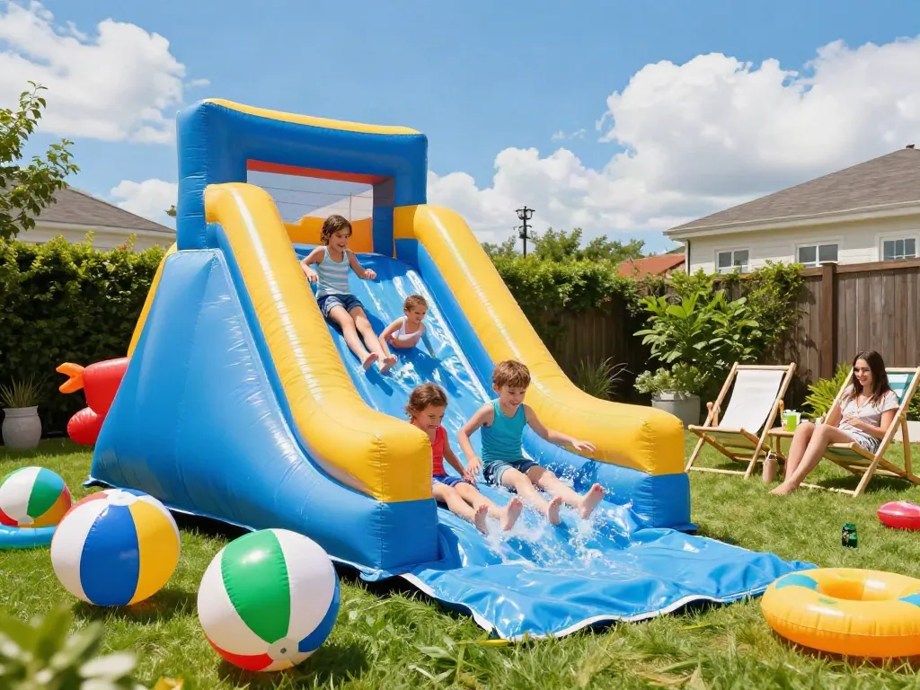 Kids having fun on an inflatable water slide in a sunny backyard, surrounded by colorful toys.