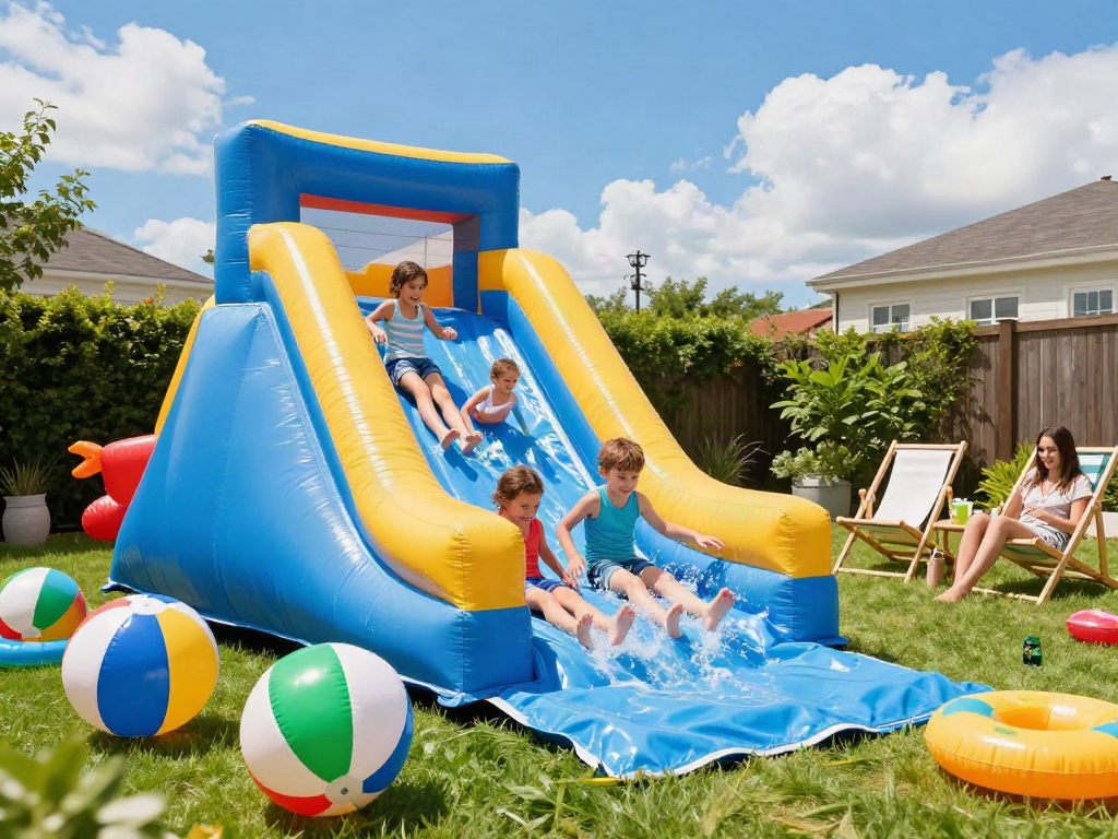 Kids having fun on an inflatable water slide in a sunny backyard, surrounded by colorful toys.