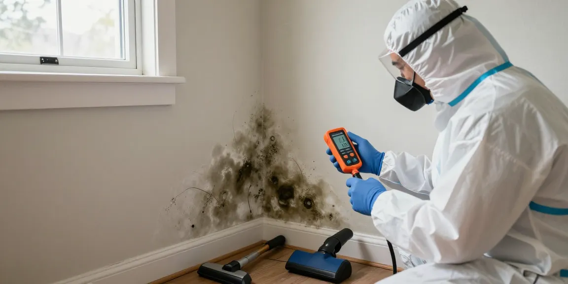 Mold Remediation North Vancouver expert technician inspecting basement mold damage with HEPA equipment.
