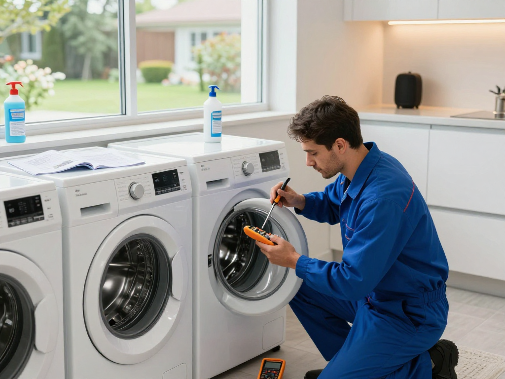 Expert appliance repair in Markham with technician troubleshooting washing machine in a modern laundry room