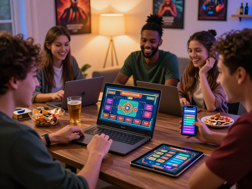 Friends enjoying online gambling in Canada while using a laptop and snacks.