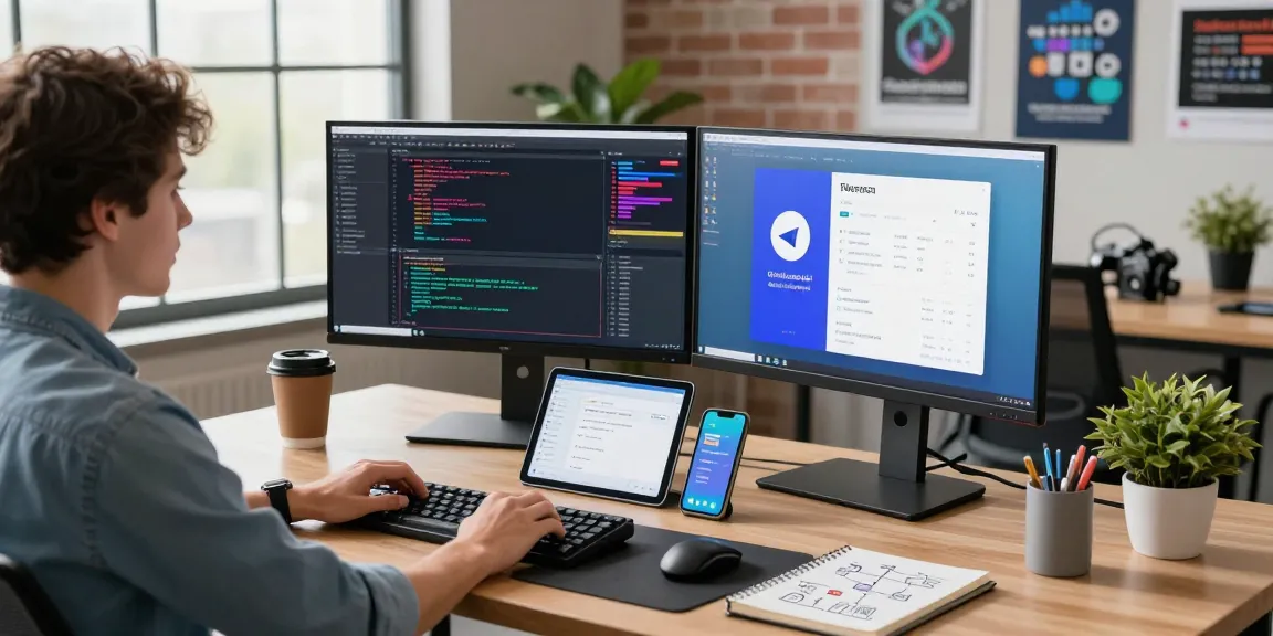 Telegram download workspace showcasing a developer coding with dual monitors and modern tech elements.